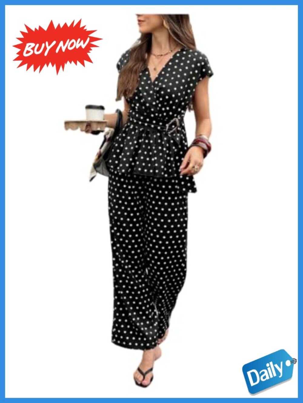 Verdusa 2 Piece Polka Dots Set Wrap Top Pants Business Casual Outfit